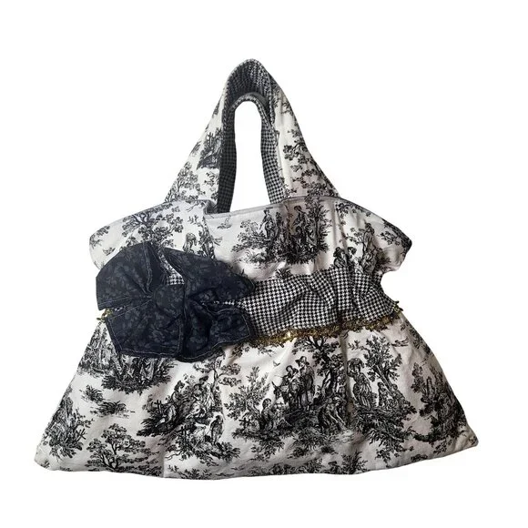 Handmade Black & White Toile & Houndstooth Tote Bag With Ruffled Detail & Gold T - Picture 2 of 15